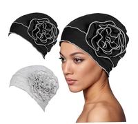 2pcs Copricapo chemioterapico per donna Cappello da donna floreale per cancro con perdita di capelli Cappello elastico in poliestere di taglia media per uso quotidiano spa e altro nero + grigio chiaro