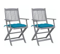 2pcs Folding Garden Chairs with Cushions, Solid Acacia Wood Outdoor Dining Chairs for Patio, Terrace, Backyard, Weather-Resistant & Space-Saving Design, Light Gray Finish, Blue Seat Cushions Included