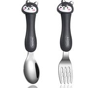 2PCS Forchetta Bambini, WitBicg Posate Svezzamento, Posate Bambini Acciaio Cucchiaino Svezzamento Pappa Neonato Svezzamento, Aumentare l'Appetito, Simpatici Manici Lavabile In Lavastoviglie (Nero)