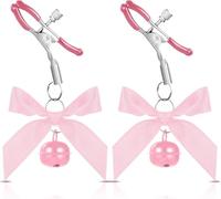 2pcs Gioielli per il Corpo Non Piercing, Capezzoli Regolabili per Adulti, Clip per Capezzoli con Fiocco in Acciaio Inox con Campana, Morsetti per Capezzoli a Pressione con Catena per Adulti (Rosa)