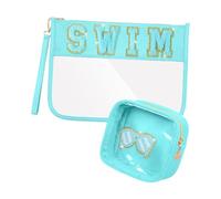 2pcs grande capacità progetta robusti sacchetti di trucco del PVC con zip e cinturino da polso per uso quotidiano e stoccaggio di viaggio, Nuoto Blu