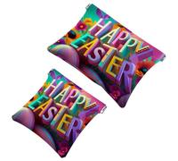 2Pcs Happy Easter Creative Font-1244 Borsa cosmetica tascabile per borse, borsa per il trucco impermeabile sacchetto cosmetico, portatile, senza cerniera, Multicolore 09, A:7.1x5.8in/18x14.8cm,B