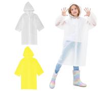 2pcs Impermeabile per Bambini 90cm, Bambini Impermeabile Giacca da Pioggia, Poncho Pioggia Unisex con Cappuccio e Bottoni Portatile, Riutilizzabile Mantella Antipioggia in EVA (Bianco + Giallo)