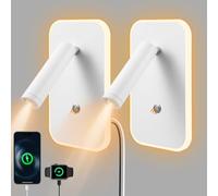 2pcs Lampada da Parete a LED, Lampada da Comodino Dimmerabile in Continuo, Applique da Lettura con Porta di Ricarica USB e Type-C per Camera da Letto, Corridoio, Hotel (Luce Calda 3W+9W)(Bianco 2)