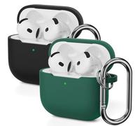 2PCS Mocarheri Custodia in Silicone Compatibile con AirPods 4, Custodia in Silicone Antiurto Morbida per Airpods 4 Gen (2024) con Moschettone, Nero/Verde Scuro