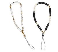 2pcs Perline Telefono Cellulare Cinghia, Anti-Perdita di Catena, Stile Bohémien, Decorazione Bianca del Telefono Corda (Nero Bianco), Resina Sintetica