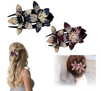 2Pcs Rhinestone Double Flower Hair Clips - Elegant Crystal Duckbill Clips for Women & Girls, Fancy Hairs Accessories for Parties, Weddings & Thick Hair (2Pcs-A)