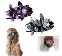 2Pcs Rhinestone Double Flower Hair Clips - Elegant Crystal Duckbill Clips for Women & Girls, Fancy Hairs Accessories for Parties, Weddings & Thick Hair (2Pcs-B)