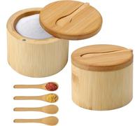2PCS Scatola di Sale Bambu, Contenitore per il Sale di Legno, Bamboo Salt Cellar, Porta Sale Legno, con Coperchio Girevole & Cucchiai in Legnos, per Spezie, Erbe (9 x 9 x 7 cm)