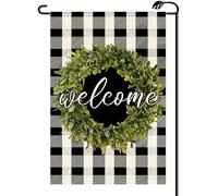 2Pcs Striscione Wreath Welcome Spring Christmas Buffalo Plaid Check Boxwood