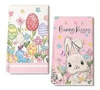 2PCS Strofinacci Cucina Pasqua, 40 x 60 CM Bunny Kisses Strofinacci Pasqua con Coniglio Fiori Uova, Asciugamani Cucina Primavera in Microfibra Morbido, per Decorazione Pasquale, Regali, Cucina (C)