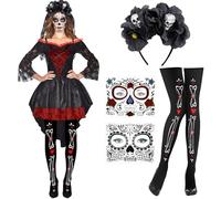 2Pcs Tatuaggi Faccia Morta di Giorno e Nere Rose Accessori per Capelli con Fascia Teschio, Collant Scheletro Calze con Stampa Ossa, Tatuaggi Facciali Temporanei per Halloween Giorno della Morte