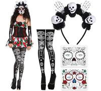 2Pcs Tatuaggi Faccia Morta di Giorno e Nere Rose Accessori per Capelli con Fascia Teschio, Collant Scheletro Calze con Stampa Ossa, Tatuaggi Facciali Temporanei per Halloween Giorno della Morte