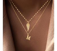 2Pezzi/Set Collane a strati con ciondolo a forma di ali e iniziale, catena in acciaio inossidabile dorato, stile semplice e classico, per donne L,M,S,H,A,T,O,B,C,D,E,F,G,I,J,K,N,P,R,V,W,Y,ZAcciaio ino