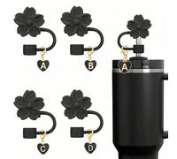 2Pezzi/Set Copri-cannuccia Carino a Forma di Fiore 10mm/0,4in in Silicone con Ciondolo a Forma di Cuore Nero e Lettera per Bicchieri da 30oz 40oz - Riutilizzabile, Antipolvere, Facile da Pulire, Acces