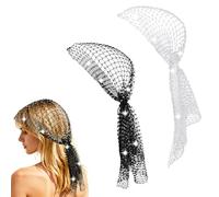 2pz Capelli Foulard con Strass, Brillantini Foulard per Capelli in Rete Turbante Elegante in Stile Discoteca Anni '20 per Copricapo da Carnevale da Donna (Nero, Bianco)