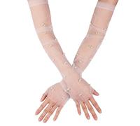 2pz Guanti Donna Perle da 46 cm Senza Dita in Tulle, Lunghi per Sposa, Ballo, Partito, Costume di Halloween Dell'Opera (Bianco)