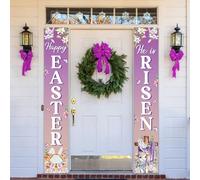 2pz Happy Easter He Is Risen Banner per Portico, Banner per Pasqua Decorazioni Sospese He Is Risen Segno per Portico con Coniglietto di Uova di Gesù per Casa Esterno Interno Parete Porta d'Ingresso