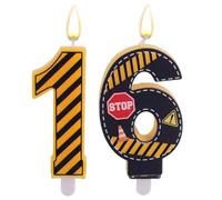 2pz Logo Avvertimento a Tema Candeline di Compleanno Numero, Candeline a Righe Gialle e Nere Cono Stradale e Barriera Segnalazione Torte Decorazioni per Feste Compleanno Articoli (Numero 16)