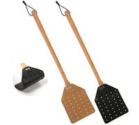 2pz Scacciamosche in Pelle, Lungo 49,5cm Resistente Scacciamosche Manuale con Manico in Legno Acchiappamosche per Interni ed Esterni (Nero, Marrone)