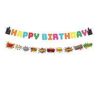 2pz Stendardo Festa Compleanno Eroe, Pre-Infilato Tema Eroe Happy Birthday Stendardo Città Retrò Decorazioni per Feste Compleanno Sospese per Festeggiare Parete Soffitto Finestra Arredamento