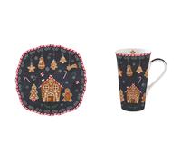 2tlg. Set Colazione Gingerbread Omini Biscottini Bicchiere Gigante + Piatti