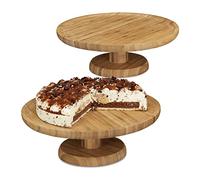 2X Alzata Rotonda per Torte, in bambù, Piatto da Portata con Piedistallo, Vassoio HxD: 11,5x33 cm, Marrone Chiaro