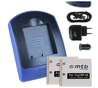 2x Batteria + Caricabatteria (USB/Auto/Corrente) per Fuji NP-40 / Pentax D-Li8, D-Li 85 / BenQ DLi-102 / Jay-Tech/Medion e più - v. lista