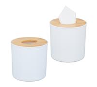 Relaxdays 2X Porta Fazzoletti Cosmetici, Contenitore in Plastica con Coperchio in bambù, Riempibile, Bianco e Marrone Chiaro