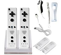 2x Build in Motion Plus Wireless Remote Controller & 2x Nunchuk Controller & 1x Charging Dock Controller Includes 2 Pcs of 2800mAh Battery Pack for Nintendo Wii & Wii U (Design-B White/Blue)
