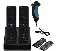 2x Build in Motion Plus Wireless Remote Controller & 2x Nunchuk Controller & 1x Charging Dock Controller Includes 2 Pcs of 2800mAh Battery Pack for Nintendo Wii & Wii U (Design-A Black/White)