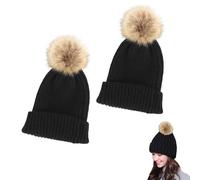 2X Cappello Lavorato a Maglia con Pompon. Cappello a Coste da Donna. Cappello Invernale in Lana con Pompon Rimovibile.