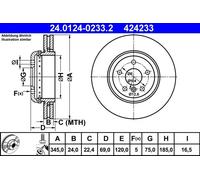 ATE Disco freno 24.0124-0233.2 posteriore ventilato altamente carbonizzato 1 pezzo