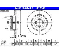ATE disco freno 24.0112-0141.1 pieno diametro 239,5 spessore 12 mm 4 fori