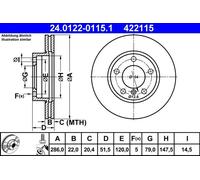 Disco freno ATE 24.0122-0115.1 anteriore, ventilato, altamente carbonizzato, 1 Pezzo