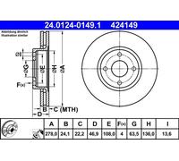 2x Disco freno ventilato 24.0124-0149.1 ATE per FORD SCORPIO II MONDEO II COUGAR