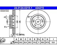 2x Disco freno ventilato 24.0124-0215.1 ATE per MITSUBISHI CITROËN PEUGEOT