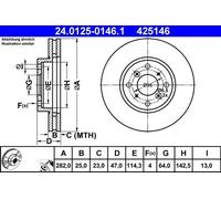 2x Disco freno ventilato 24.0125-0146.1 ATE per HONDA ACCORD VI
