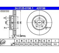 2x Disco freno ventilato 24.0125-0196.1 ATE per TOYOTA LEXUS