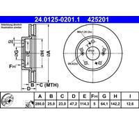 2x Disco freno ventilato 24.0125-0201.1 ATE per HONDA CIVIC IX CIVIC X Hatchback
