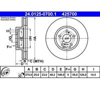 Disco freno ATE 24.0125-0700.1 anteriore, ventilato, 1 Pezzo