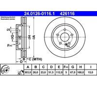 Disco freno ATE 24.0126-0116.1 anteriore, ventilato, altamente carbonizzato, 1 Pezzo