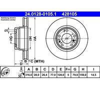 2x Disco freno ventilato 24.0128-0105.1 ATE per BMW 7