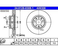 2x Disco freno ventilato 24.0128-0308.1 ATE per CITROËN PEUGEOT TOYOTA OPEL FIAT