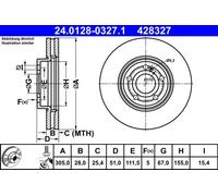 2x ATE Disco freno Anteriore Ø305,0mm Altezza: 51mm Spessore: 28,0mm Cerchio foro-Ø: 111,5mm ventilato 24.0128-0327.1