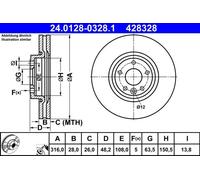 ATE Disco freno 24-0128-0328-1-02 anteriore, ventilato, altamente carbonizzato, 1 pezzo