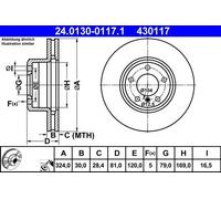 Disco freno ATE 24.0130-0117.1 anteriore, ventilato, altamente carbonizzato, 1 Pezzo