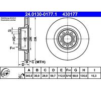 Disco freno ATE 24.0130-0177.1 anteriore, ventilato, altamente carbonizzato, 1 Pezzo