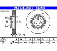 ATE Disco freno 24.0130-0253.1 anteriore ventilato altamente carbonizzato 1 pezzo