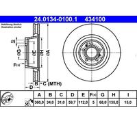 Disco freno ATE 24.0134-0100.1 anteriore, ventilato, altamente carbonizzato, 1 Pezzo